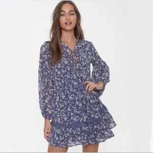 Forever 21 blue Floral Print Long Sleeve Peasant mini Dress M